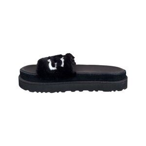UGG Women's Black White Laton Trim Fur Slip-On Casual Slide Sandal Size 10